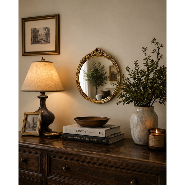 Elegant vintage Hollywood Regency round wall mirror featuring a beautifully detailed antiqued gold frame with braided...