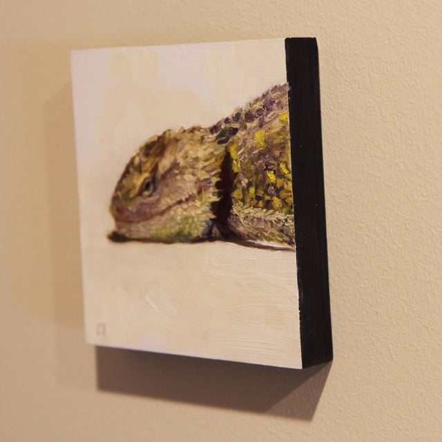 Figurative Mister Lizard by Linda Tracey Brandon | Oil on Panel Detailed depiction of a lizard. For Sale - Image 3 of 4