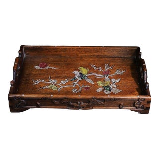 Vintage Hardwood Tray With Mother-of-Pearl Bird and Floral Inlay For Sale
