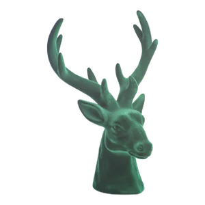 Flocked Stag Head Figurine Statue, Green