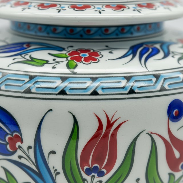 Turkish Handmade Ceramic Classic Iznik Jar with Lid Red Tulip and Meander Border For Sale - Image 3 of 8