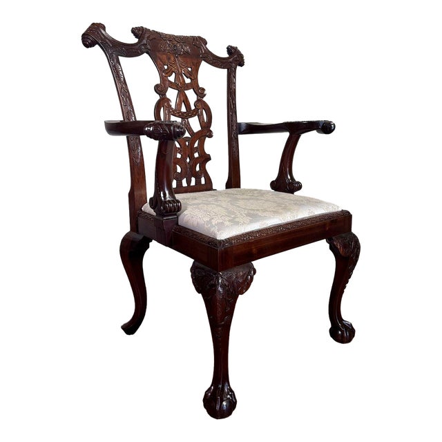 Vintage Irish Chippendale Revival Carved Mahogany Armchair For Sale