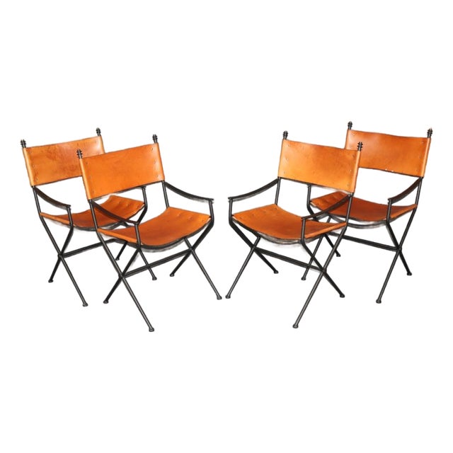 Set 4 Art Deco Style Metal and Leather Armchairs in the Manner of Jacques Adnet For Sale