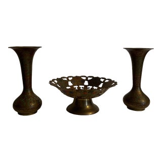 Mid 20th Century Reticulated Footed Bowl and Two Vases, Made in India- 3 Pieces For Sale