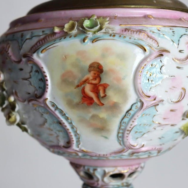 Duplex Louis XV Reticulated & Hand Painted Porcelain Oil Lamp Base With Cherubs & Applied Flowers In The Manner Of Meissen...