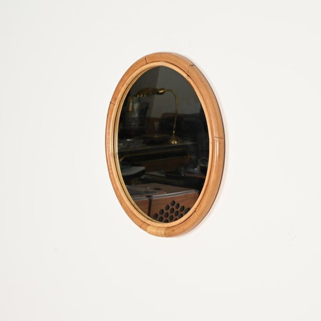 Wood French Riviera Round Mirror in Curved Bamboo and Wicker, Italy, 1970s For Sale - Image 7 of 13