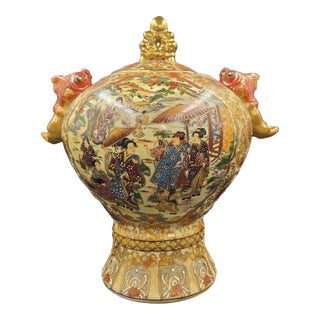 Grand 14" Jeweled Japanese Satsuma Moriage Lidded Urn - Immortal Koi Handles For Sale