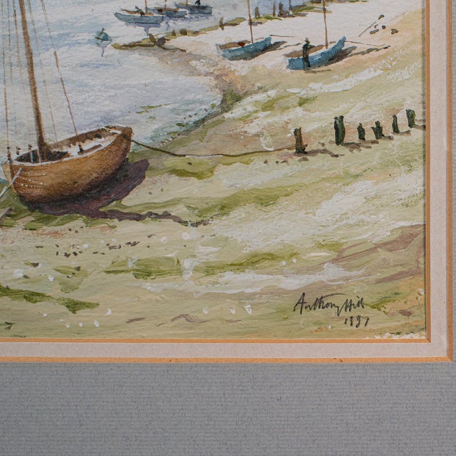 Blue Vintage Beach Landscape Painting, English School Watercolour, Nautical Art, 1991 For Sale - Image 8 of 9