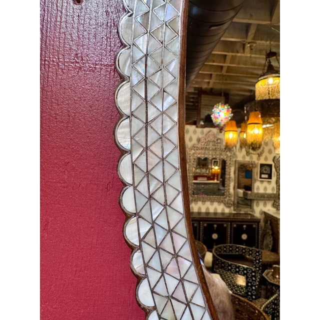 1990s Oval Shaped White Mother of Pearl Inlaid Mirror For Sale In Los Angeles - Image 6 of 6