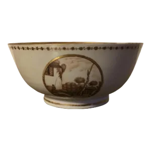 Antique Early 19th Century Chinese Export Porcelain Bowl Decorated with Sepia Landscape