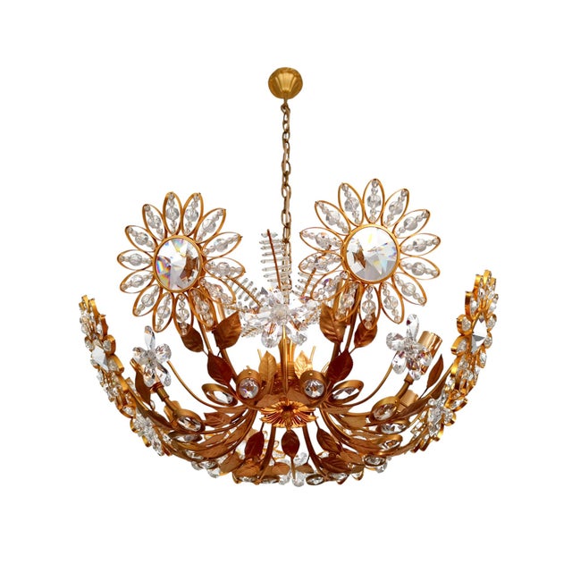 Large Floral Chandelier in Brass and Crystal Glass by Ernst Palme for Palwa, 1970s For Sale - Image 4 of 9