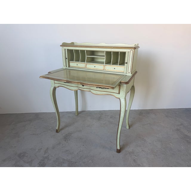 Elegant vintage French Provincial style secretary desk by John Widdicomb, featuring graceful cabriole legs, distressed...