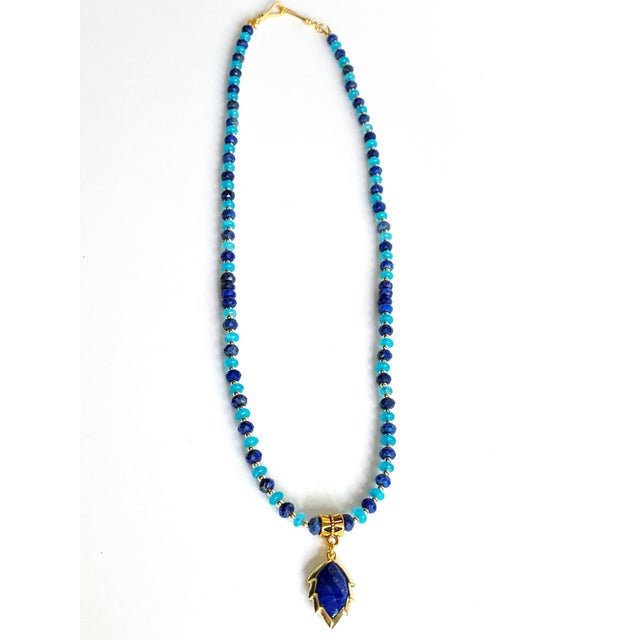 Artisan Handcrafted Lapis Lazuli Pendant Necklace in Blue Chalcedony and Golden Hematite For Sale - Image 13 of 15