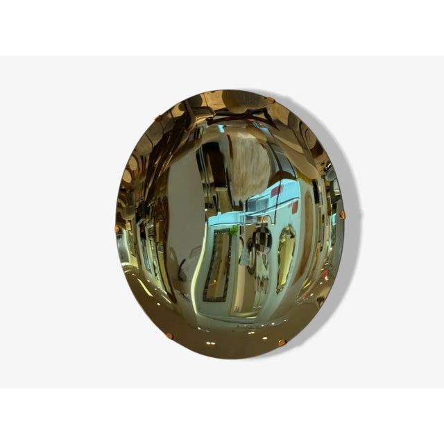 Mid-Century Modern Contemporary, Concave Glass, Brass, Vintage Green Modern Space Age Wall Mirror For Sale - Image 3 of 9