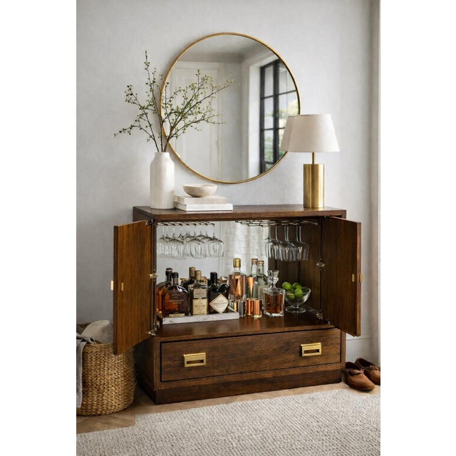 Drexel Mid 20th Century Architectural Walnut Cabinet With Geometric Facade & Pocket Doors For Sale - Image 10 of 10