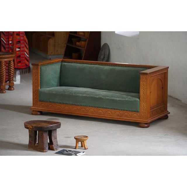Wood Vintage Danish Empire Sofa in Oak and Velour, 1920s For Sale - Image 7 of 16