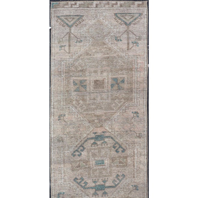 Long Vintage Turkish Oushak Runner With Soft Taupe, Sand, and Pale Teal For Sale - Image 4 of 14