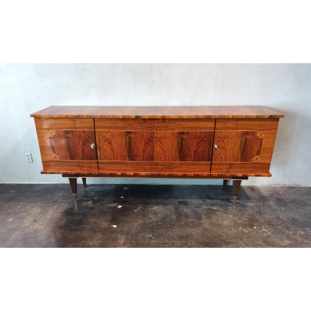 French mid-century modern burled walnut sideboard, c.1960s, rectangular case with inlay trim highlighting contrasting wood...