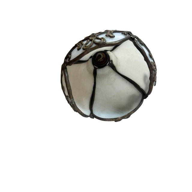 Early 20th Century Antique Scroll Metal Framed Opalescent Hanging Pendant Light Fixture For Sale - Image 5 of 6