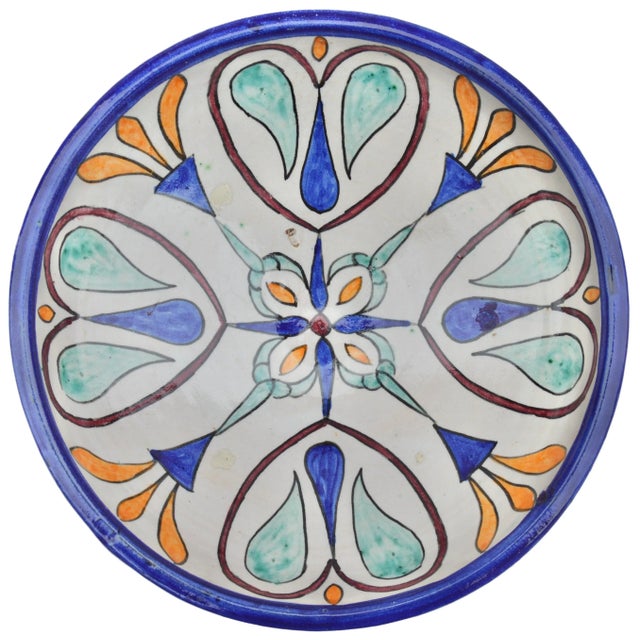 One-of-a-kind antique handcrafted and glazed Moroccan ceramic bowl. Featuring an elaborate hand-painted fine Arabesque...