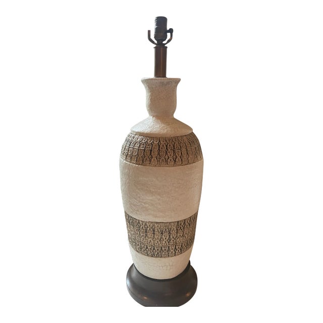 Vintage Hand Painted Ceramic Table Lamp on Circular Wooden Base For Sale