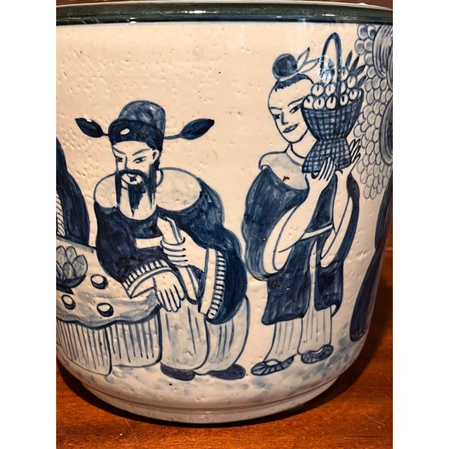 Vintage Chinese Blue White Porcelain Planter Ruo Shen Mark Figure 10" For Sale - Image 4 of 6