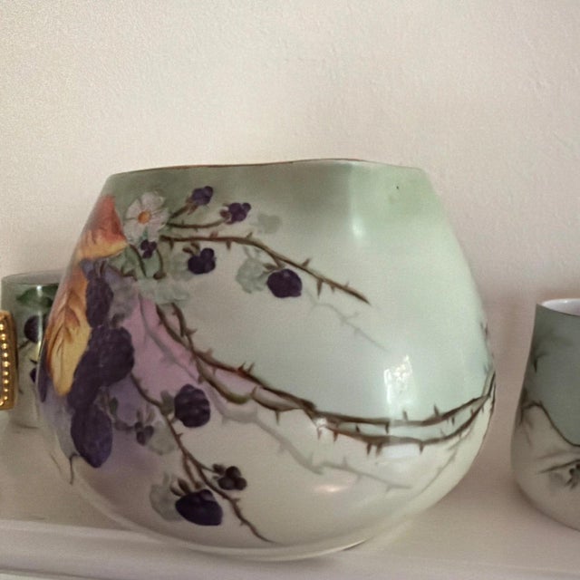 Limoges, France 6 Piece Antique Limoges Hand Painted by McCue BlackBerry Pitcher and Cups For Sale - Image 4 of 9