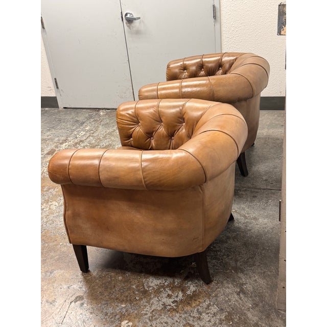 English Restoration Hardware 1930's English Tufted Leather Tub Chairs, Pair For Sale - Image 3 of 12