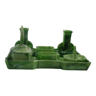 Art Deco Green Slag Glass Vanity Set – 7 Piece Dresser Set With Tray, Candlesticks & Ring Holder For Sale