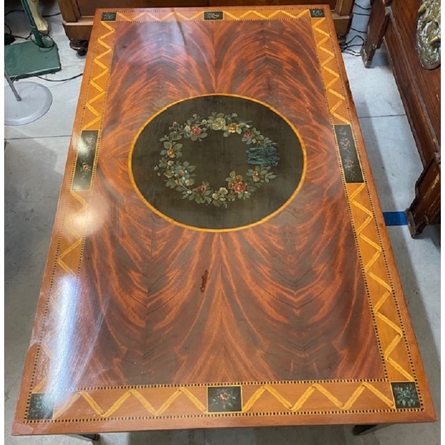 Large low coffee table, made of various types of wood, the top is finely decorated with geometric patterns and floral...