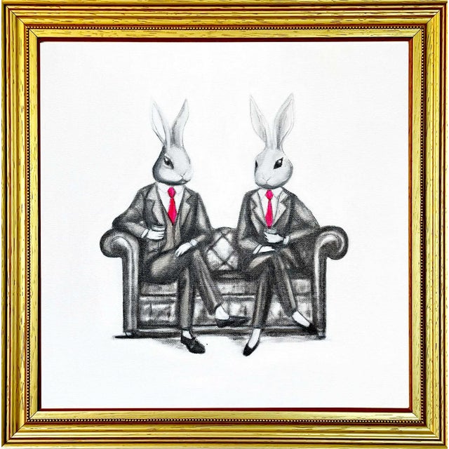 2020s Whimsical Original Oil Painting of Two Bunnies Drinking Wine by Max and Alma For Sale - Image 5 of 5