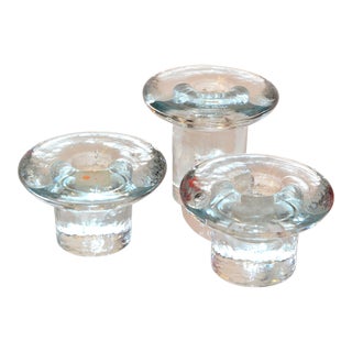Set 3 Vintage Blenko Art Glass Ice Mushroom Candle Holders Designed Don Shepherd For Sale