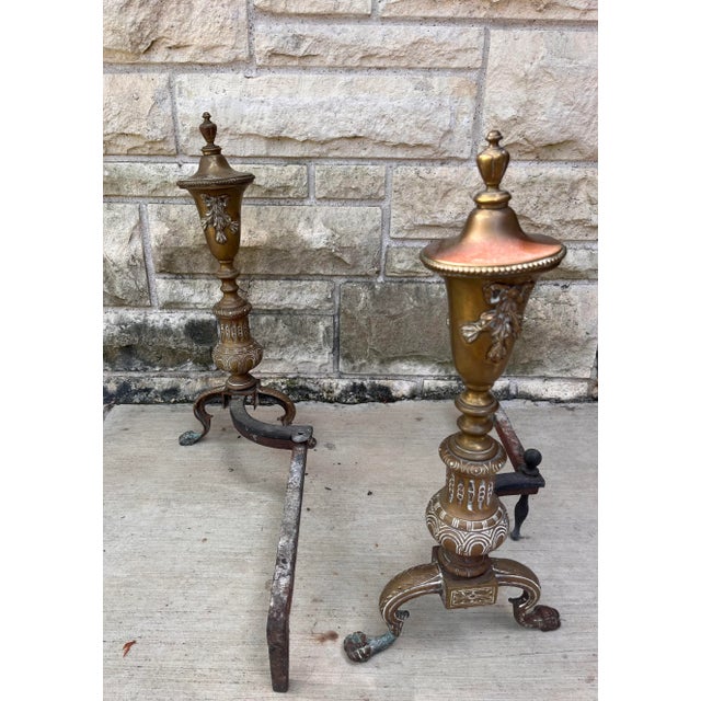 Brass Pair of Large Ornate Brass Andirons For Sale - Image 8 of 10