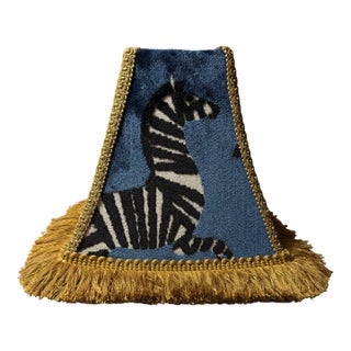 Custom Sapphire Velvet Zebra Lampshade With Belagio Fringe & Silk Lining For Sale