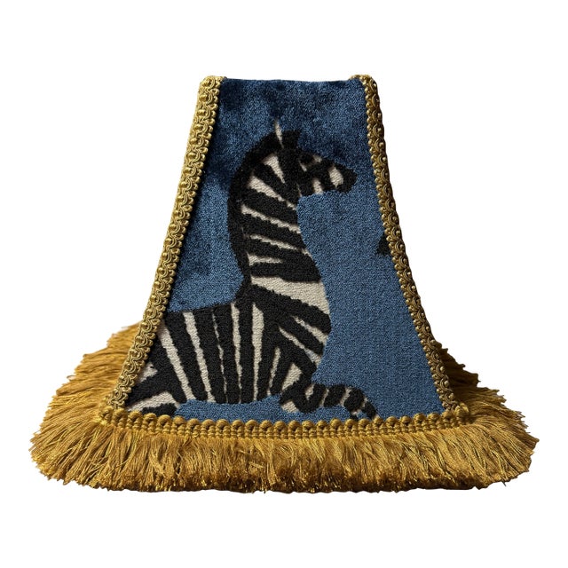 Unique Regal Designer Sapphire Blue Velvet Zebra Animal Pattern Lamp Shade With Belagio Fringe For Sale