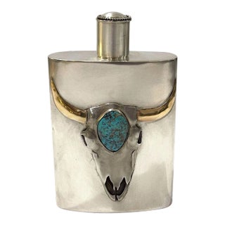 Buffalo Skull Sterling Silver and Turquoise Flask by Carol Helvey-Woolsey For Sale