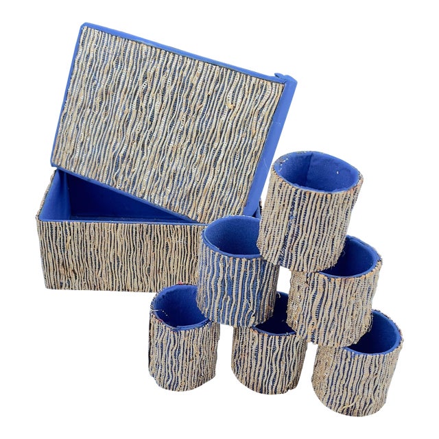 Mid Century Gold and Blue Napkin Rings and Box- 8 Pieces For Sale