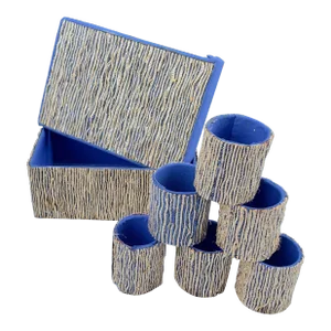 Mid Century Gold and Blue Napkin Rings and Box- 8 Pieces