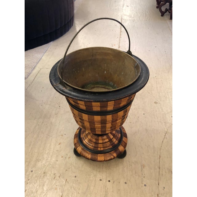 Wood Mixed Wood Striped Vintage Planter With Copper Liner For Sale - Image 7 of 11