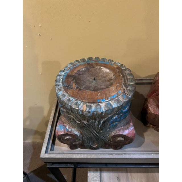 2000 - 2009 Vintage Hand-Carved Wood Candle Holder Base For Sale - Image 5 of 6