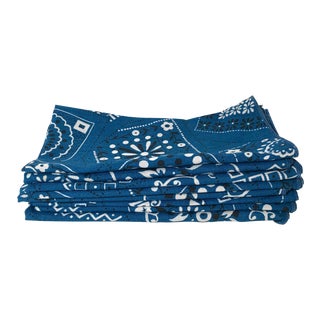 Vintage Mid-Century Blue & White Bandana Napkins - Set of 6 For Sale