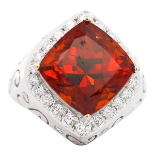 Vintage Gia Certified Orange Spessartine Garnet & Diamond 18k White Gold Ring Size 6.5 For Sale