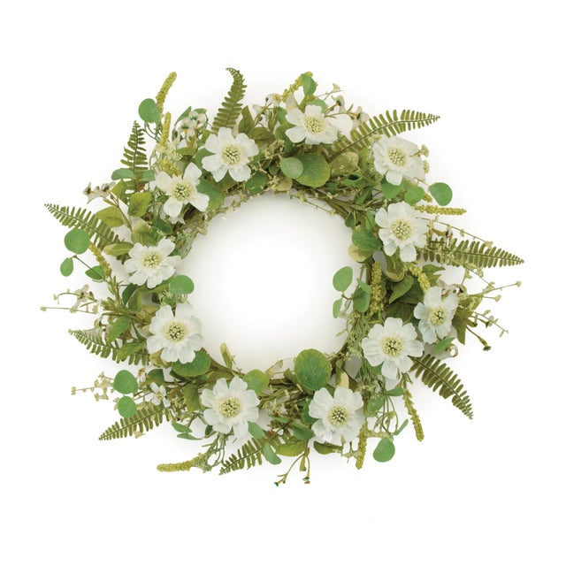 Welcome the season with the soft beauty of this Mixed Pincushion Scabiosa Floral Wreath. Featuring delicate white scabiosa...