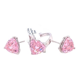 14k White Gold 12mm Trillion-Cut Pink Cz Ring & Stud Earring Set, 3 Pieces For Sale