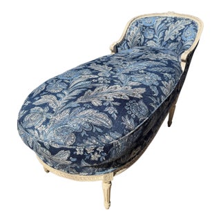 Custom Blue and Ivory Painted Chaise Lounge Chair Upholstered in Ralph Lauren For Sale