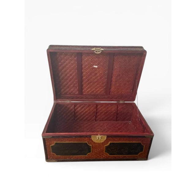 Handmade Attributed Maitland-Smith Chinoiserie Bamboo Trunk Chest With Hand-Painted Panels For Sale - Image 11 of 12