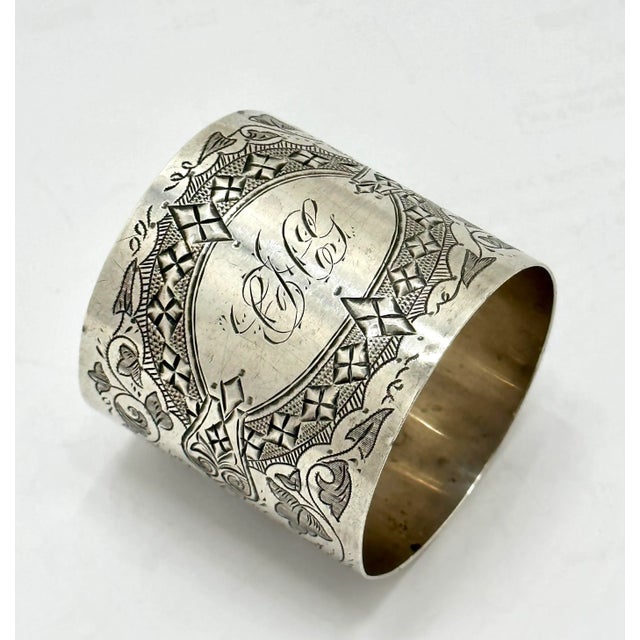 Silver Oversize Beautifully Hand Engraved Antique American Victorian Sterling Silver Napkin Ring - Circa 1870s For Sale - Image 8 of 12