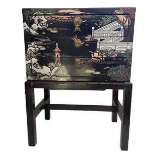 Mid-20th Century Chinese Black Lacquer 3-Drawer Cabinet on Stand With Incised Detail For Sale