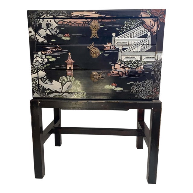 Mid-20th Century Chinese Black Lacquer 3-Drawer Cabinet on Stand With Incised Detail For Sale