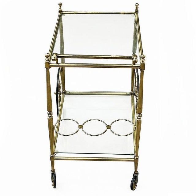 Mid-Century Regency French Solid Brass & Glass Bar Cart W/ Bottle Holder For Sale - Image 4 of 11